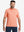 Front upper body shot of model wearing peach amber/calypso coral non-curl ribbed collar striped polo shirts