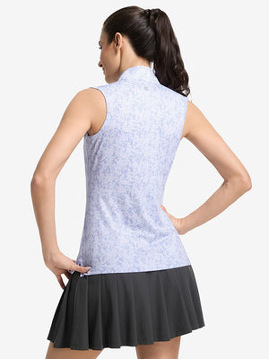 Back upper body shot of model wearing pink purple rose women's sleeveless q-zip print quick dry golf tops