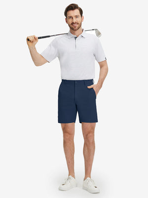 Front full body shot of model wearing dark blue flat front flex cotton blend golf shorts
