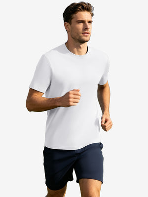 Running front full body view in white of men's short sleeve slim fit roma knit t-shirt.