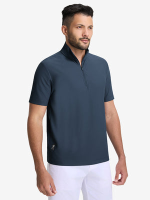 Front upper body shot of model wearing navy waffle texture 1/4 zip pullover