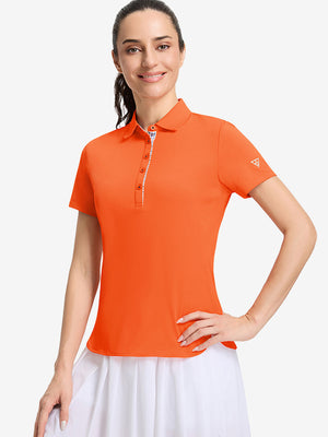 Front upper body shot of model wearing orange women's 5 buttons collared polo shirts