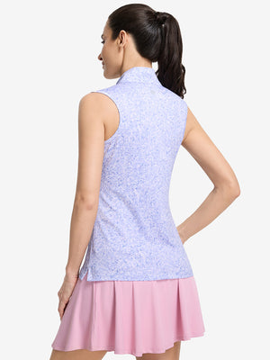 Back upper body shot of model wearing lavender rose women's sleeveless q-zip print quick dry golf tops