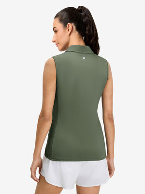 Back upper body view in mossy stone of women's 4 buttons golf polo shirts.