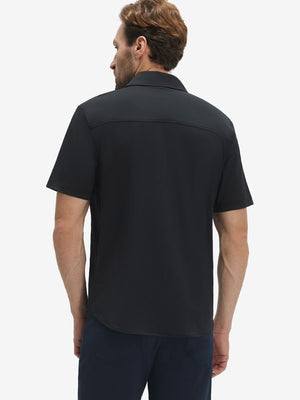 Back upper body shot of model wearing black cool print plain button up shirts