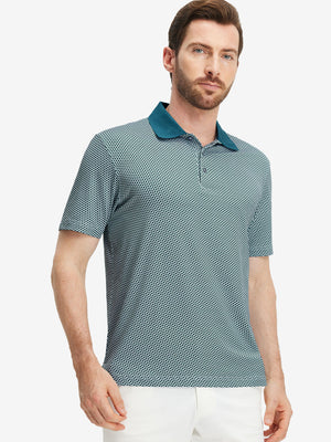 Front upper body shot of model wearing dark green oval premium ribbed collar print polo shirts