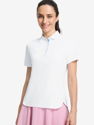Front upper body shot of model wearing white women's 5 buttons collared polo shirts