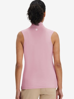 Back upper body shot of model wearing lavender women's athletic quarter zip tank tops