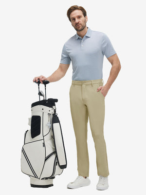 Front full body shot of model wearing khaki straight fit lightweight dress golf pants