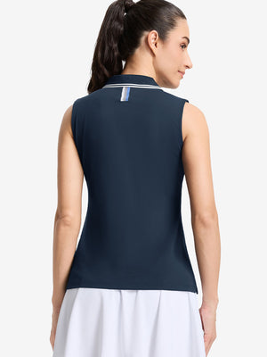 Back upper body shot of model wearing navy women's collared v neck quick dry tank tops