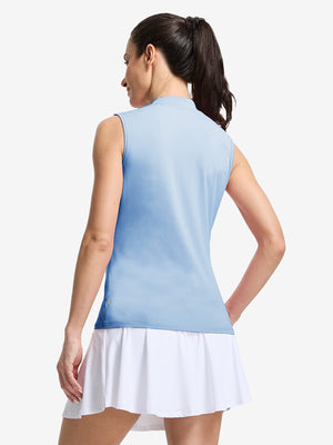 Back upper body shot of model wearing light blue women's moisture-wicking mock neck sleeveless golf tops