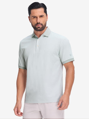 Front upper body shot of model wearing light grey moisture wicking jacquard golf shirts