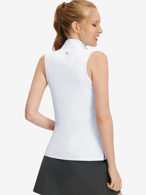 Back upper body shot of model wearing white women's athletic quarter zip tank tops