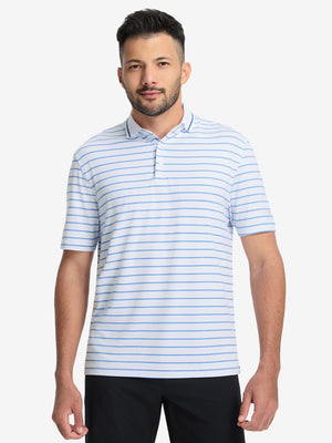 Front upper body shot of model wearing white/cabana swim heather non-curl ribbed collar striped polo shirts