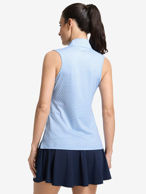Back upper body shot of model wearing blue plaid women's sleeveless q-zip print quick dry golf tops