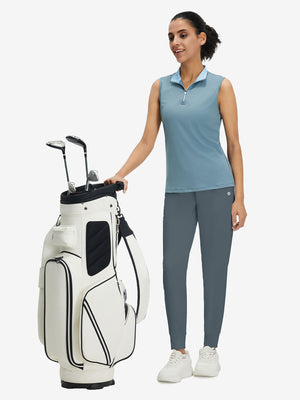 Front full body shot of model wearing grey blue women's lightweight athletic sweatpants