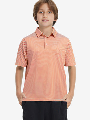 Front upper view of Kids stripe golf polos showing crisp stripes in orange stripe