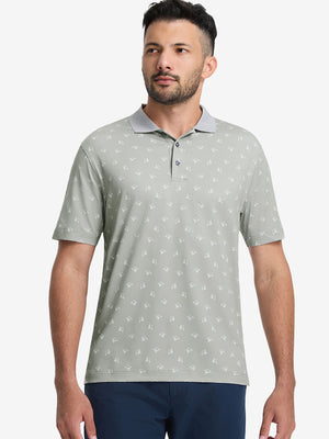 Front upper body shot of model wearing grey golf car premium ribbed collar print polo shirts