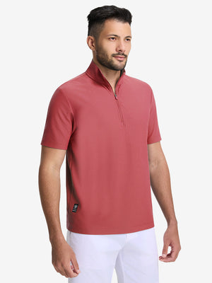 Front upper body shot of model wearing brick red waffle texture 1/4 zip pullover