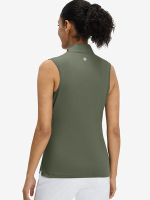 Back upper body shot of model wearing mossy stone women's athletic quarter zip tank tops