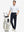 Front full body shot of model wearing navy stretch cotton blend slim fit golf trousers 5 pockets