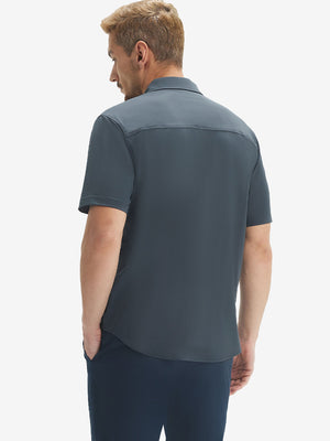 Back upper body shot of model wearing dark grey cool print plain button up shirts
