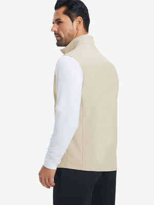 Back view of water-resistant fleece golf vests showing smooth fleece texture in light khaki