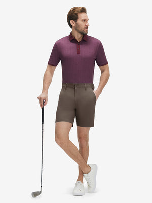 Front full body shot of model wearing tobacco brown flat front hybrid golf shorts