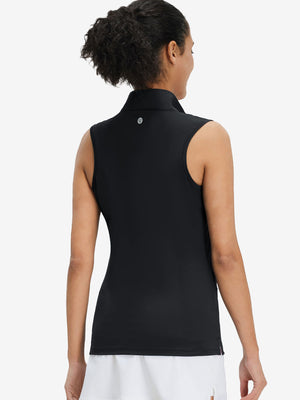 Back upper body shot of model wearing black women's athletic quarter zip tank tops