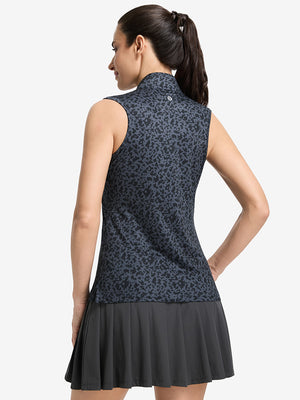 Back upper body shot of model wearing black gray blocks women's sleeveless q-zip print quick dry golf tops