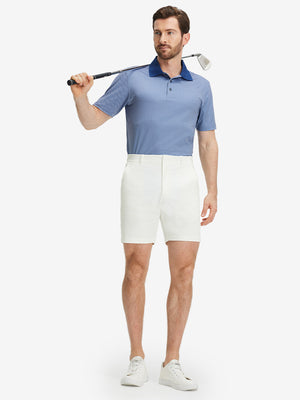 Front full body shot of model wearing white flat front flex cotton blend golf shorts