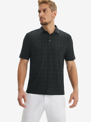 Front half body shot of model wearing rich black grid performance reflective checked collar golf shirt