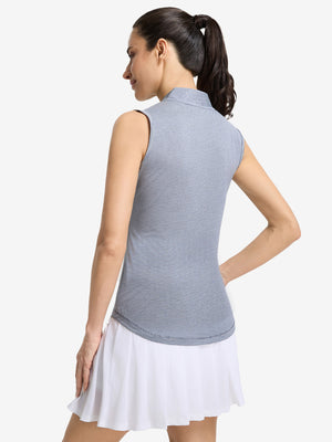 Back upper body shot of model wearing navy white women's q-zip pin striped texture golf shirts