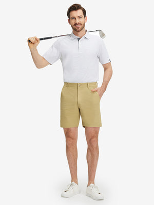 Front full body shot of model wearing khaki flat front flex cotton blend golf shorts