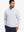 Front upper body view of model standing in brown grey camo full print quarter zip pullover, relaxed look.