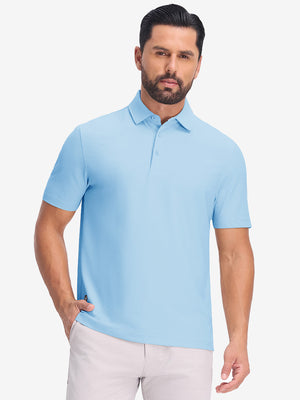 Front upper body shot of model wearing light blue dry fit waffle textured collared golf shirts