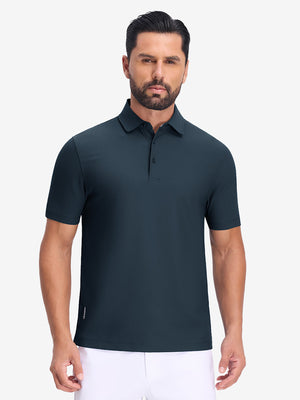 Front upper body shot of model wearing navy dry fit waffle textured collared golf shirts