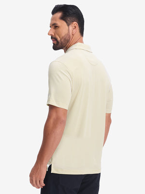 Back half body shot of model wearing beige white comfy breathable pin-stripe texture golf polos