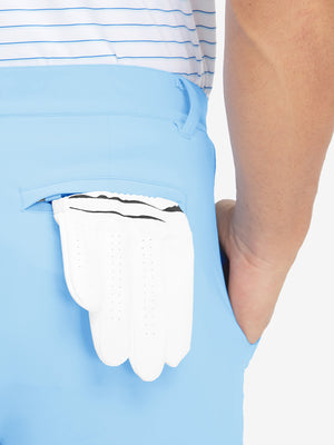 Back pocket detail of Lightweight Ankle-Zip Sweatpants with 4 Pockets in light blue