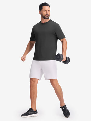 Front full body view in black heather of moisture wicking heather round neck athletic t-shirts.