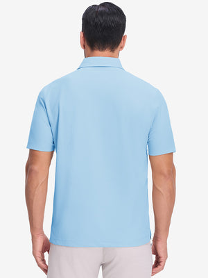 Back upper body shot of model wearing light blue dry fit waffle textured collared golf shirts