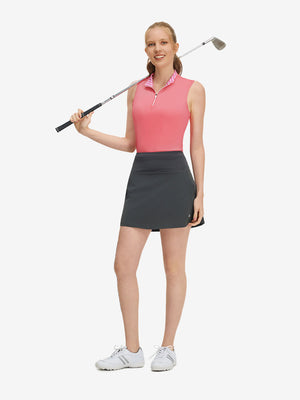 Front full body shot of model exercising in pink women's athletic quarter zip tank tops