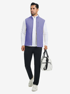 Lifestyle shots of water-resistant fleece golf vests in lavender, worn while holding golf bag