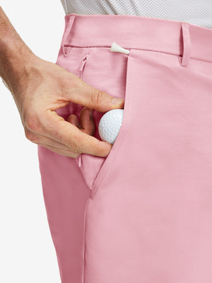 Detail view of front pocket on pink flat front flex cotton blend golf shorts
