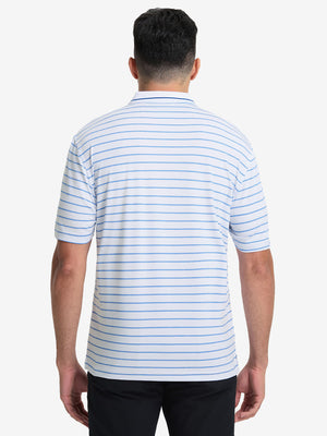 Back upper body shot of model wearing white/cabana swim heather non-curl ribbed collar striped polo shirts