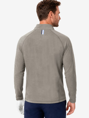 Model back upper body effect display, dry fit athletic 1/4 zip sweatshirt in taupe heather