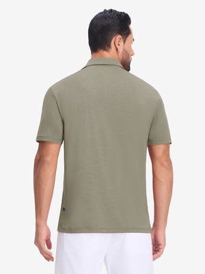 Back upper body view in taupe heather of performance heather contrast collar polo shirts.
