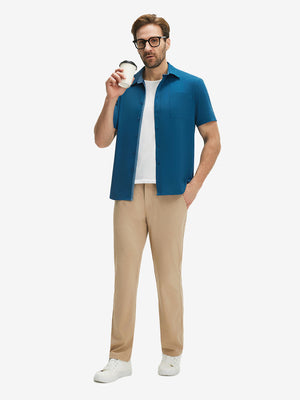 Front full body shot of model exercising in blue cool print plain button up shirts
