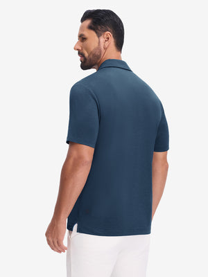 Back upper body view in dark blue heather of performance heather contrast collar polo shirts.