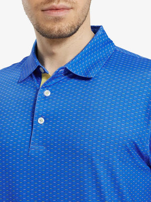 MAELREG Men's Performance Jersey Print Polo – Front chest view in blue swordfish